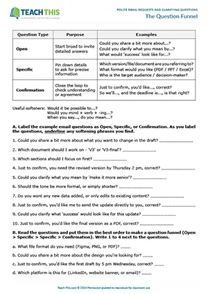 Business English email clarifying questions worksheet preview showing reading and writing exercises, ordering, writing and rewriting questions for upper-intermediate B2 level students