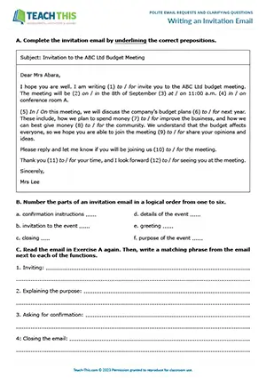 Business English invitation emails worksheet preview featuring reading and writing exercises, binary choice, ordering, unscrambling, matching, and peer feedback for pre-intermediate A2 level students