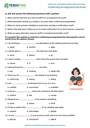 Business English emails worksheet preview showing vocabulary exercises, multiple choice questions, gap-fill activities, matching, email writing, and guided discussion for intermediate B1 level students