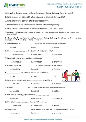 Business English rescheduling by email worksheet preview showing reading and writing exercises, multiple choice, gap-fill, matching, email writing, and peer feedback for upper-intermediate B2 level students
