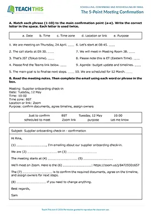 The 5-Point Meeting Confirmation worksheet preview with matching, gap-fill, identifying missing details and email writing exercises for B1 students
