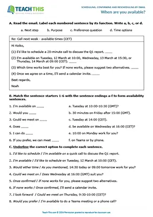 Business English emails worksheet preview showing matching, binary choice, rewriting sentences, email writing, and peer feedback for intermediate B1 level students