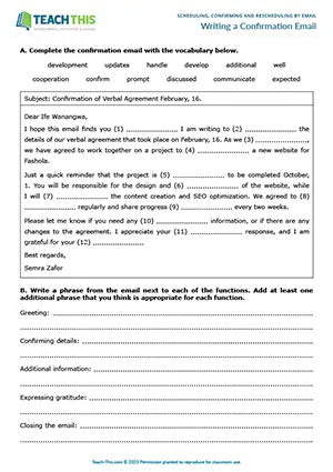 Business English confirmation emails worksheet preview showing vocabulary, reading and writing exercises, gap-fill, identifying, unscrambling, email writing practice, and peer review for upper-intermediate B2 level students