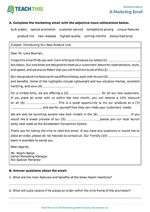 Business English marketing emails worksheet preview showing vocabulary exercises, gap-fill activities, unscrambling, matching, writing sentences, and email writing practice for upper-intermediate B2 level students
