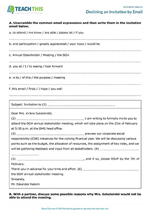 Business English emailing worksheet preview featuring reading and writing exercises, unscrambling, gap-fill, ordering, rewriting sentences, and email writing for intermediate B1 level students