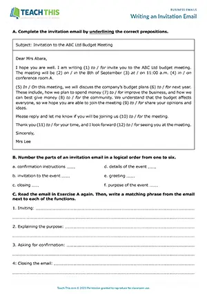 Business English invitation emails worksheet preview featuring reading and writing exercises, binary choice, ordering, unscrambling, matching, and peer feedback for pre-intermediate A2 level students