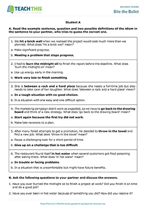 Business English idioms game and activity preview showing vocabulary guessing exercises, speaking and reading activities, asking and answering questions, gap-fill practice for upper-intermediate B2 level students