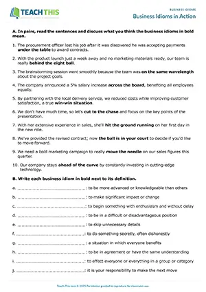 Business English idioms worksheet preview featuring reading, writing and vocabulary exercises, dialogue writing, discussion, role-play, and freer practice for advanced C1 level students