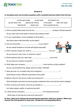 Business English idioms activity preview showing gap-fill, asking and answering questions, controlled and freer practice exercises for advanced C1 level competition-related idioms