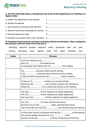 Business English meetings worksheet preview showing reading and vocabulary exercises, ordering, gap-fill, categorising, error correction, writing sentences, and speaking role-play for intermediate B1 level students