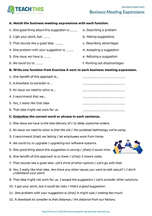 Business English meetings worksheet preview featuring vocabulary and reading exercises, matching, binary choice, speaking role-play, and communicative practice for upper-intermediate B2 level students