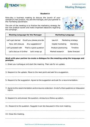 Business English meetings activity preview showing reading, vocabulary and writing exercises, dialogue writing, speaking activities, delivering dialogues, and freer practice for upper-intermediate B2 level students