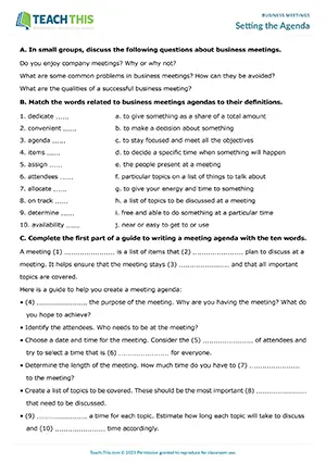 Business English meeting agendas worksheet preview featuring vocabulary and reading exercises, matching, gap-fill, form completion, and ordering activities for intermediate B1 level students