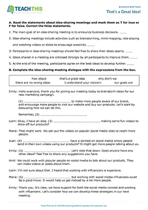 Business English meetings worksheet preview featuring reading and vocabulary exercises, true or false questions, gap-fill, identifying, speaking role-play, and freer practice for upper-intermediate B2 level students