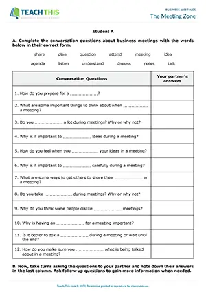 Business English meetings activity preview featuring vocabulary and speaking exercises, gap-fill, asking and answering questions from prompts, controlled and freer practice for pre-intermediate A2 level students
