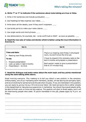 Business English meeting minutes worksheet preview showing reading and writing exercises, true or false questions, identifying, note-taking, listening and speaking role-play activities for intermediate B1 level students