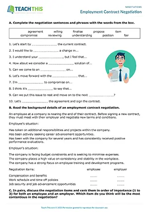 Business English negotiations role play preview showing vocabulary, reading and speaking exercises, gap-fill, guided discussion, role-play, and communicative practice for upper-intermediate B2 level students