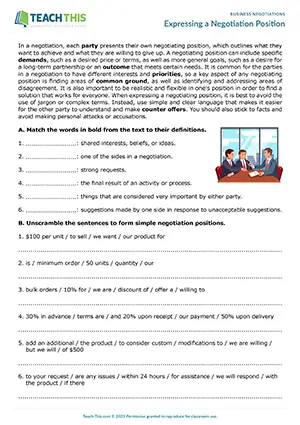 Business English negotiations worksheet preview showing vocabulary, reading and writing exercises, matching, unscrambling, labelling, and writing sentences from prompts for intermediate B1 level students