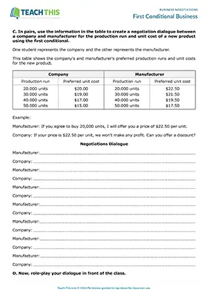 Business English negotiations worksheet and role-play preview featuring grammar and reading exercises, changing word forms, ordering, speaking activity, and creating dialogues for upper-intermediate B2 level students