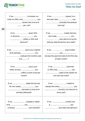 Business English negotiations activity preview showing speaking, completing, asking and answering questions, discussion, freer and communicative practice for intermediate B1 level students