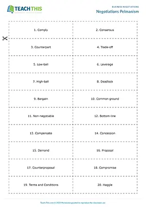 Business English negotiations game preview showing vocabulary matching and pelmanism activities for upper-intermediate B2 level business negotiation vocabulary practice