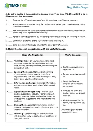 Business English negotiations worksheet preview featuring reading and vocabulary exercises, true or false questions, matching, binary choice, speaking role play activities for upper-intermediate B2 level students