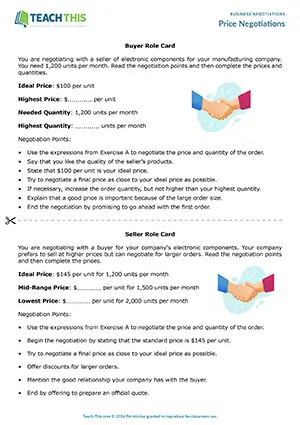 Business English price negotiations worksheet preview showing reading and vocabulary exercises, matching, gap-fill, speaking role-play, and communicative practice for upper-intermediate B2 level students