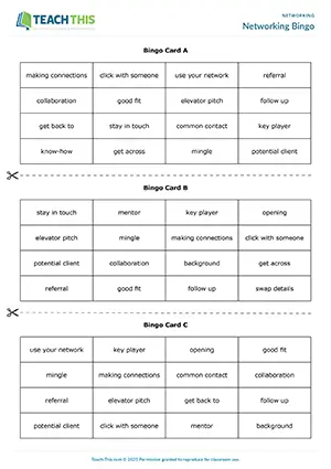 Business networking bingo preview featuring matching and group work for upper-intermediate B2 level professional networking skills