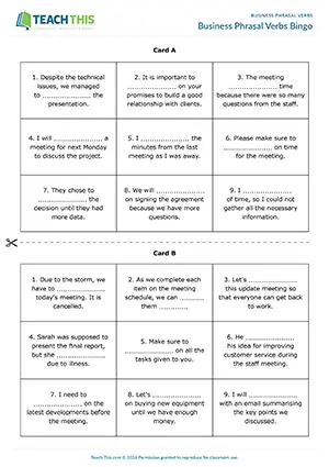 Business English phrasal verbs game preview showing vocabulary matching and gap-fill bingo activities for intermediate B1 level meetings and deadlines vocabulary