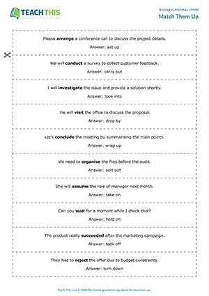 Business English phrasal verbs game preview featuring vocabulary matching and rephrasing sentences activities for upper-intermediate B2 level business vocabulary practice
