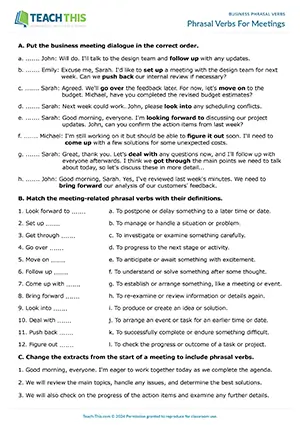Business English phrasal verbs worksheet preview showing reading and vocabulary exercises, matching, rewriting sentences, gap-fill, and speaking roleplay for upper-intermediate B2 level meetings vocabulary