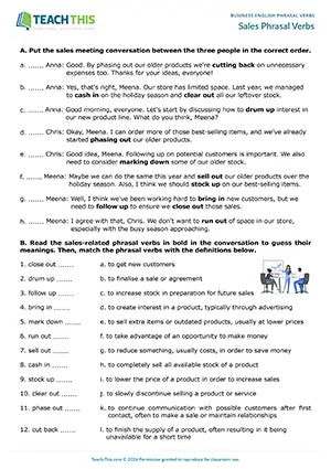Business English phrasal verbs worksheet preview showing reading and vocabulary exercises, ordering, matching, speaking activity with questions and answers for upper-intermediate B2 level sales vocabulary
