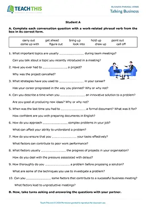 Business English phrasal verbs activity preview featuring vocabulary and speaking exercises, gap-fill, asking and answering questions, controlled and freer practice for upper-intermediate B2 level work-related vocabulary
