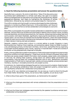 Business English presentation activity preview showing reading and writing exercises, comprehension questions, outlining, speaking activities, presenting, and fluency practice for upper-intermediate B2 level students