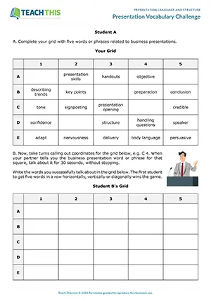Business English presentation language game preview featuring vocabulary and speaking activities with impromptu speech practice for upper-intermediate B2 level students