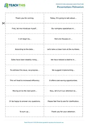 Business English presentation language game preview showing vocabulary matching and pelmanism activities for intermediate B1 level students