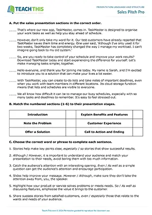 Business English presentation worksheet preview showing reading exercises, ordering, matching, vocabulary game, forming sentences, speaking activities, and presenting for intermediate B1 level students