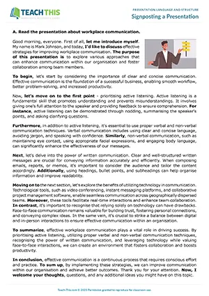 Business English presentations worksheet preview showing reading, vocabulary and writing exercises, categorising, writing presentations, and speaking activities for upper-intermediate B2 level students