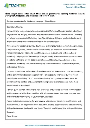 Business English email cover letters activity preview showing reading, grammar and vocabulary error correction exercises for upper-intermediate B2 level students
