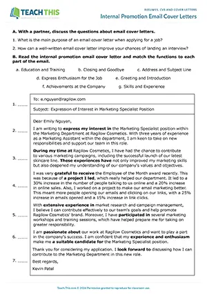 Business English email cover letters worksheet preview showing reading, vocabulary and writing exercises, matching, gap-fill, and writing an email for upper-intermediate B2 level students