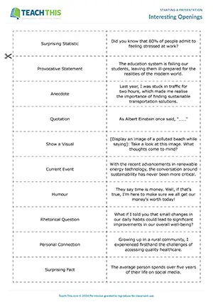 Business English upper-intermediate presentation openings resource preview showing pelmanism game, matching exercises, writing activities, and role-play practice for B2 level students
