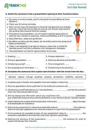 Business English upper-intermediate presentation openings worksheet preview showing matching exercises, gap-fill activities, writing practice, and verbal delivery focus for B2 level students