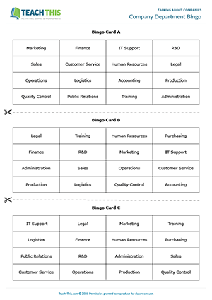 Business English intermediate company departments game preview showing vocabulary bingo, matching exercises for describing company departments for B1 level students