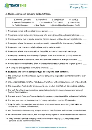 Business English upper-intermediate company types worksheet preview featuring vocabulary matching, sentence completion, text ordering, and company description writing for B2 level students
