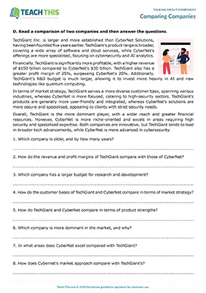Business English upper-intermediate comparing companies worksheet preview showing comparative and superlative exercises, gap-fill activities, comprehension questions, and discussion practice for B2 level students