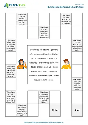 Business English intermediate telephoning board game preview showing vocabulary practice, gap-fill exercises, impromptu speech activities, and phone-related discussion prompts for B1 level students