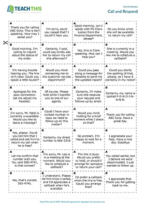 Business English intermediate telephone phrases game preview showing matching activities for common business phone phrases and appropriate responses for B1 level speaking practice
