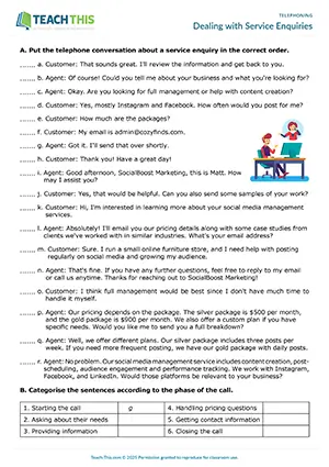 Business English upper-intermediate service enquiries worksheet preview showing telephone conversation ordering, categorising exercises, gap-fill activities, and customer service role-play for B2 level students