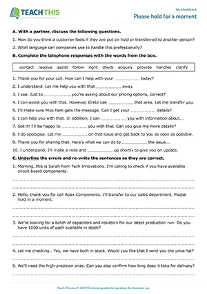 Business English upper-intermediate telephoning worksheet preview showing transferring calls practice, gap-fill exercises, error correction, dialogue ordering, and professional phone communication for B2 level students