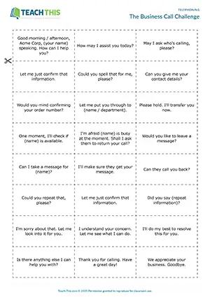 Business English intermediate telephoning game preview featuring vocabulary matching for answering calls, asking for information, taking messages, and dealing with business phone issues for B1 level students